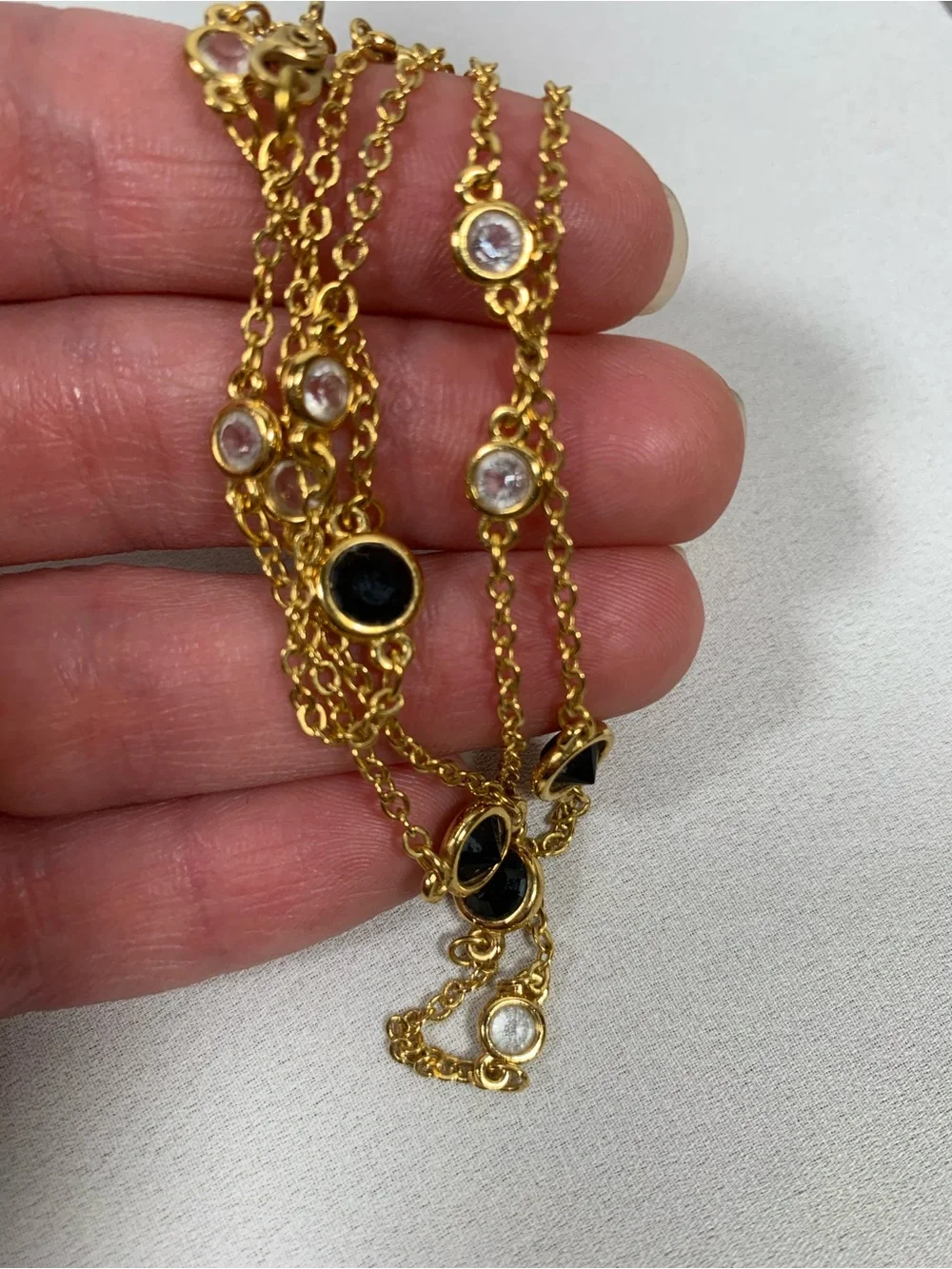 Monet Bezel Set Crystal Chain Necklace Clear Black Gold 30”